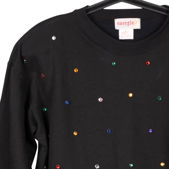 Energie bi Currents Rhinestone Sweatshirt M Womens Black Long Sleeve Crewneck - Picture 2 of 6